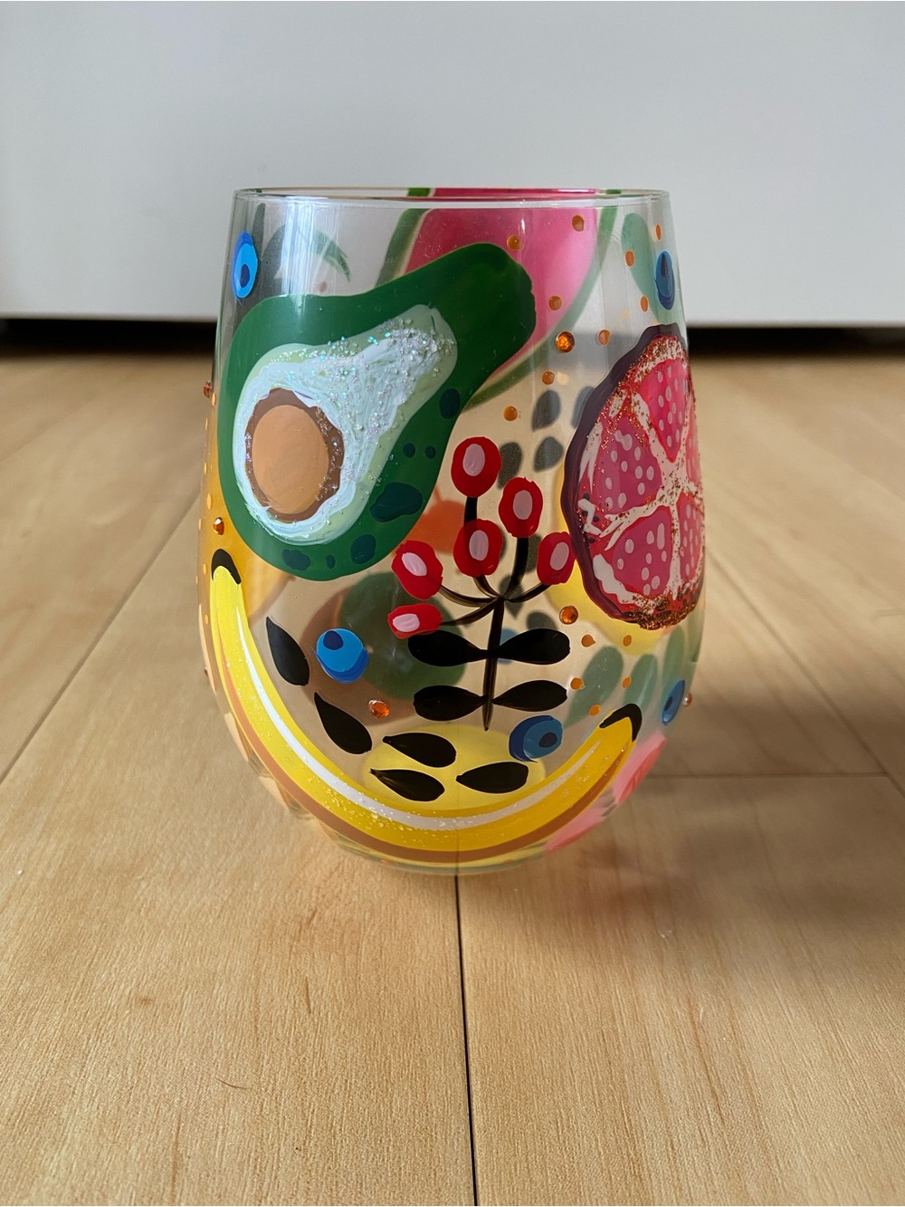 Lolita Hand-Painted Fruit & Botanical Stemless Glass - Green, Pink, Yellow